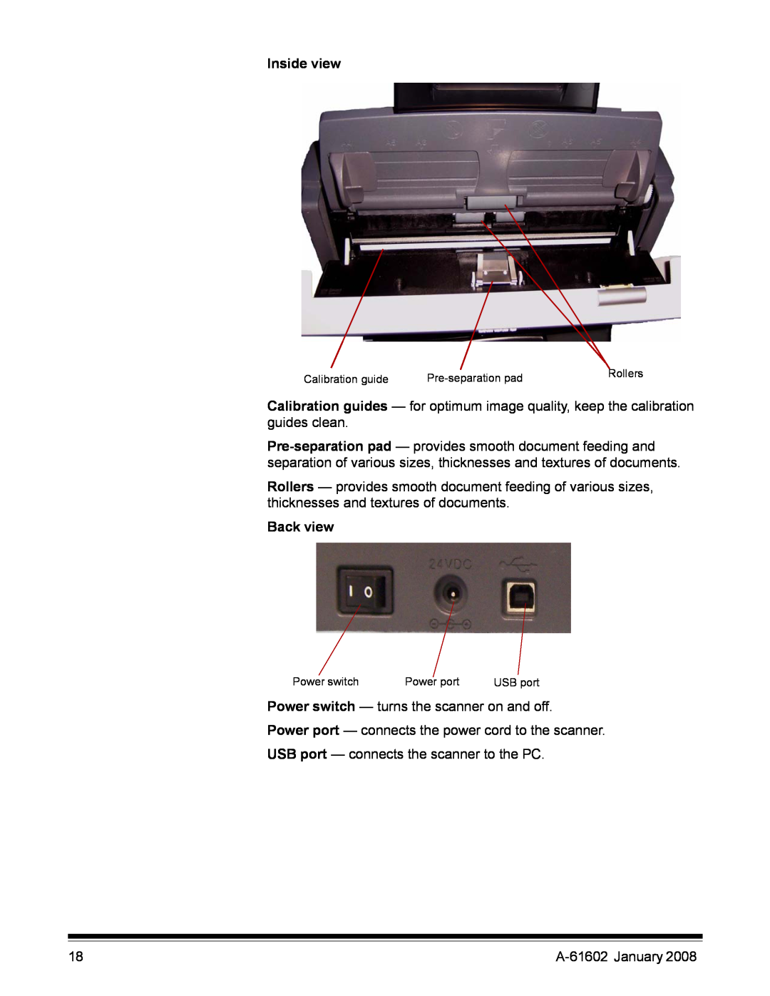 Kodak A-61602 manual Inside view, Back view, Calibration guide, Pre-separation pad, Power switch, Power port, USB port 