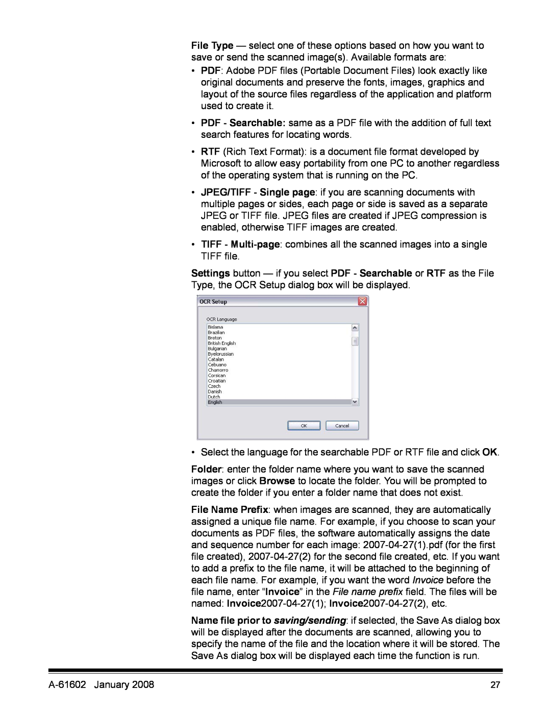 Kodak manual Settings button - if you select PDF - Searchable or RTF as the File, A-61602 January 