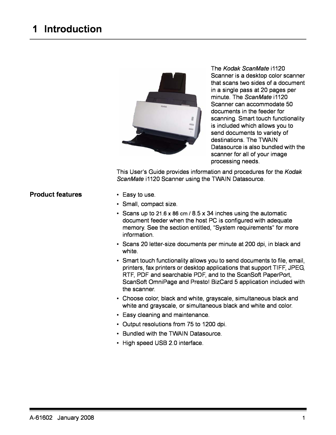 Kodak A-61602 manual Introduction, Product features 