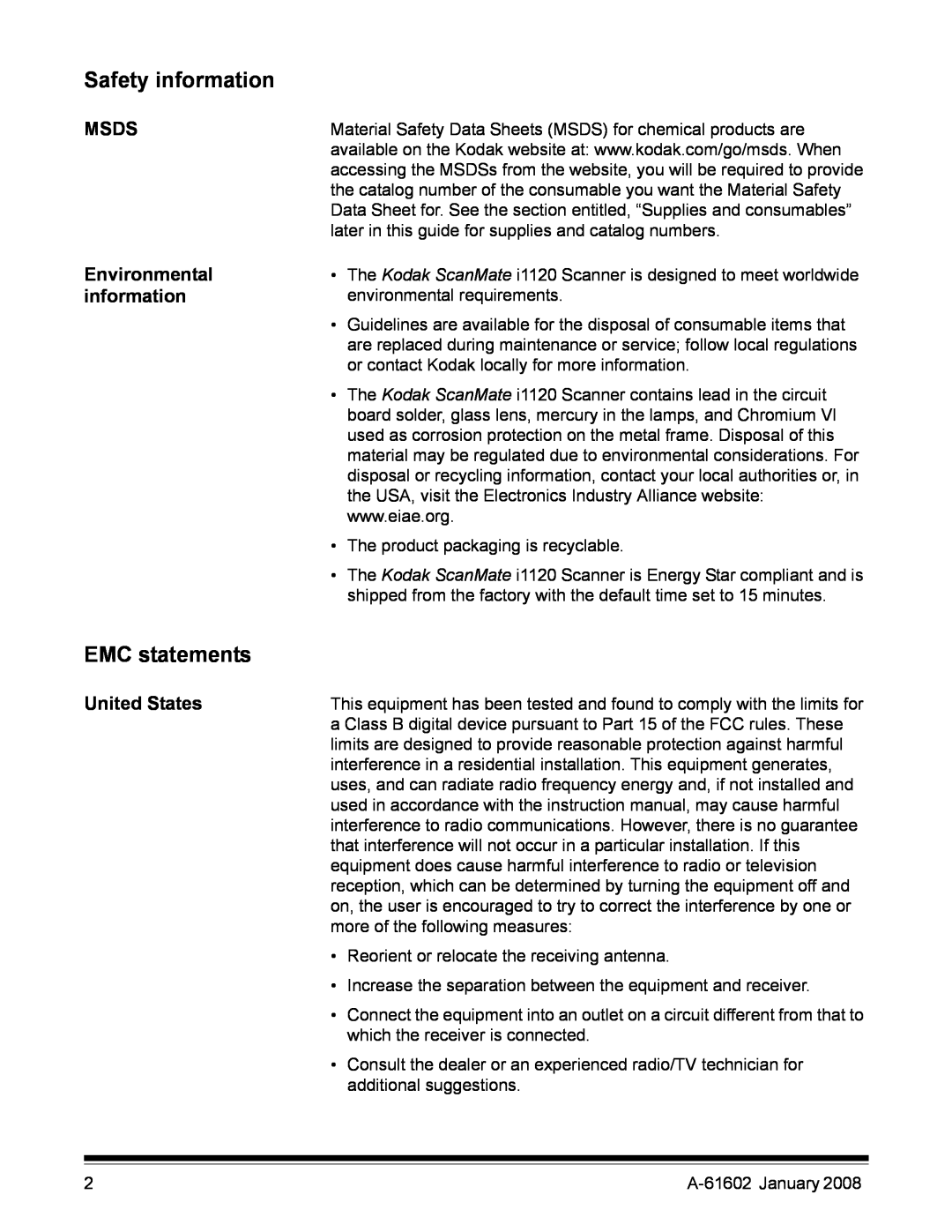 Kodak A-61602 manual Safety information, EMC statements, Msds, Environmental information, United States 