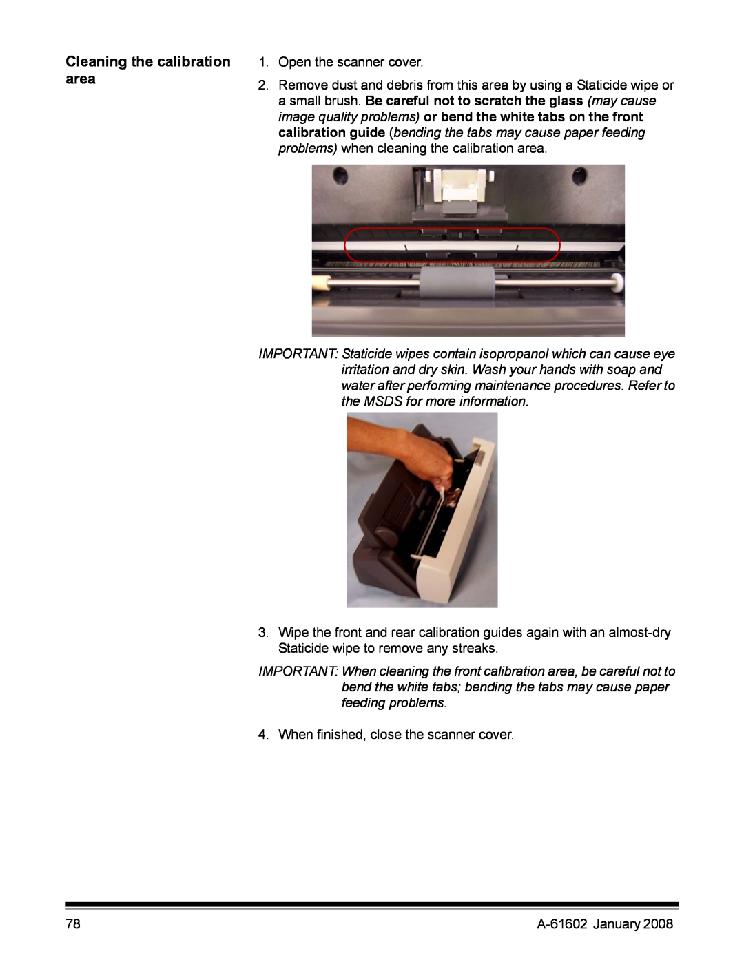 Kodak A-61602 manual Cleaning the calibration area 