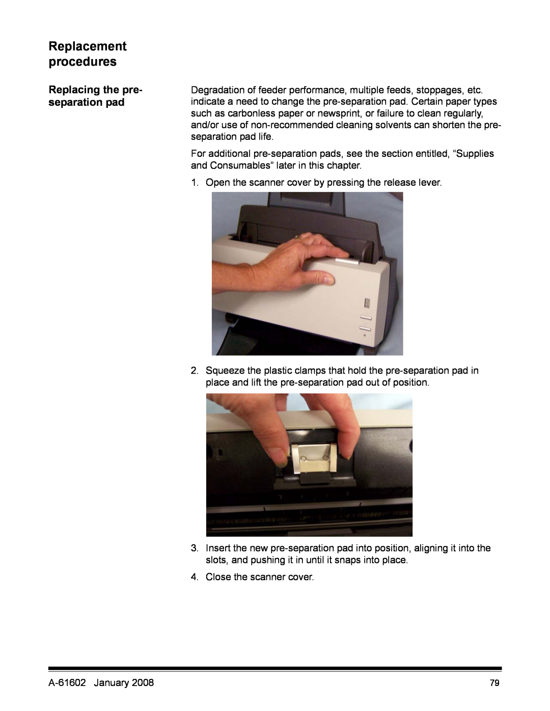 Kodak A-61602 manual Replacement procedures, Replacing the pre- separation pad 