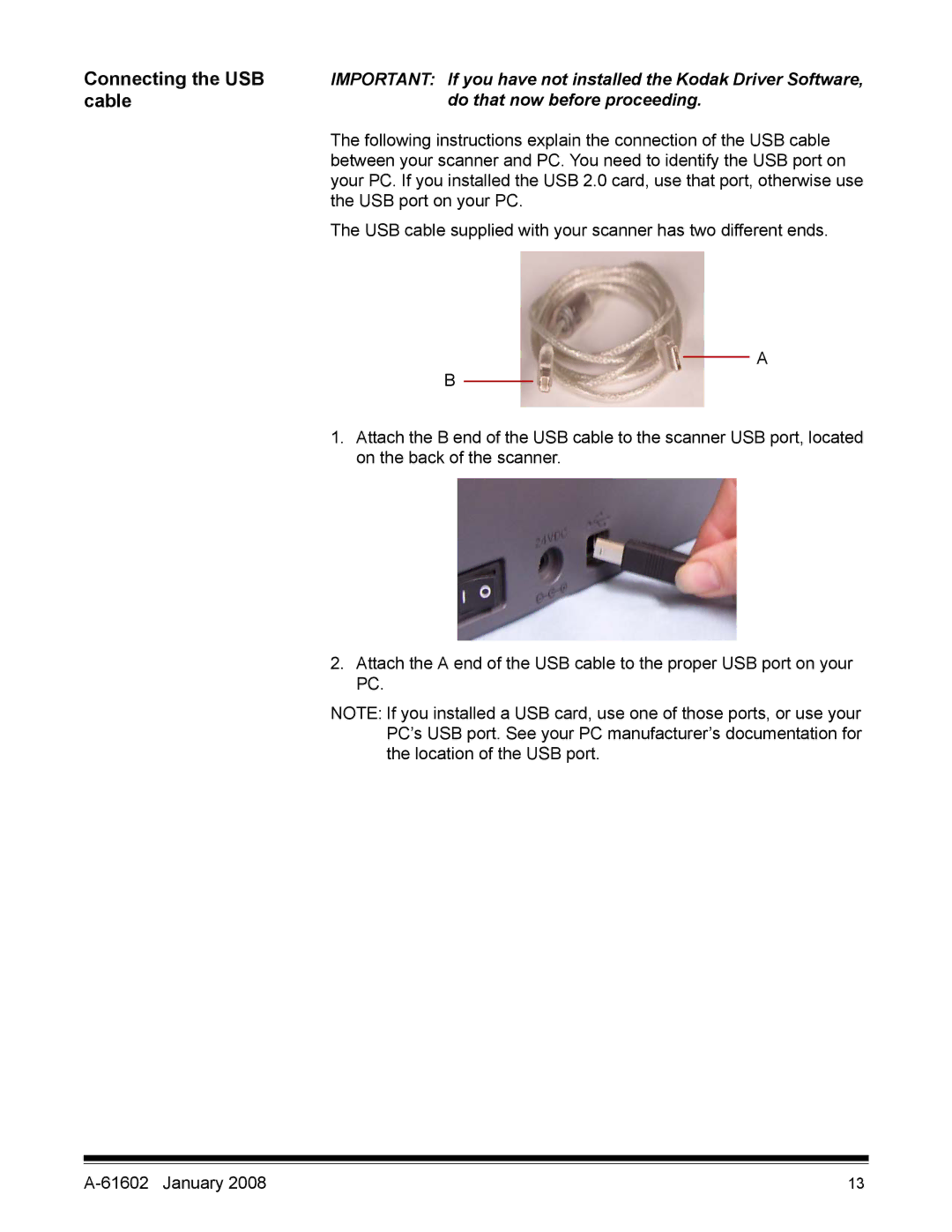 Kodak A-61602 manual Connecting the USB, Cable 