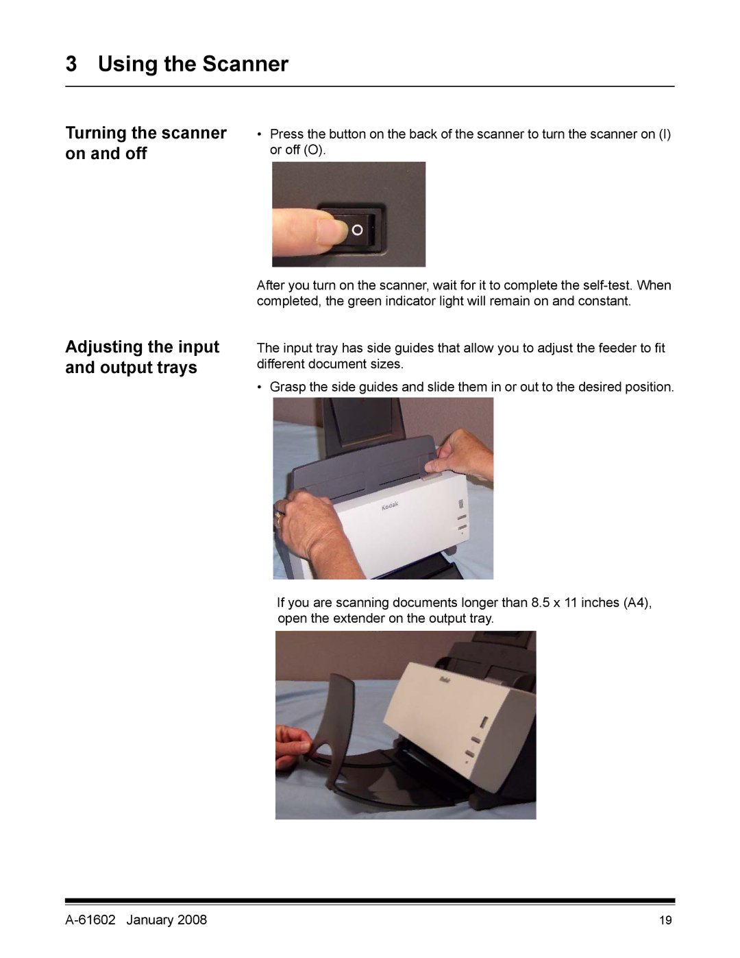 Kodak A-61602 manual Turning the scanner on and off, Adjusting the input and output trays 