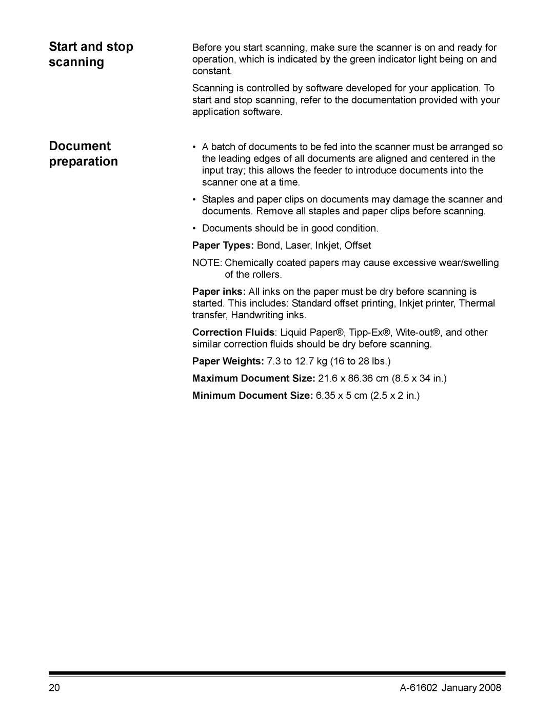 Kodak A-61602 manual Start and stop scanning, Document preparation 