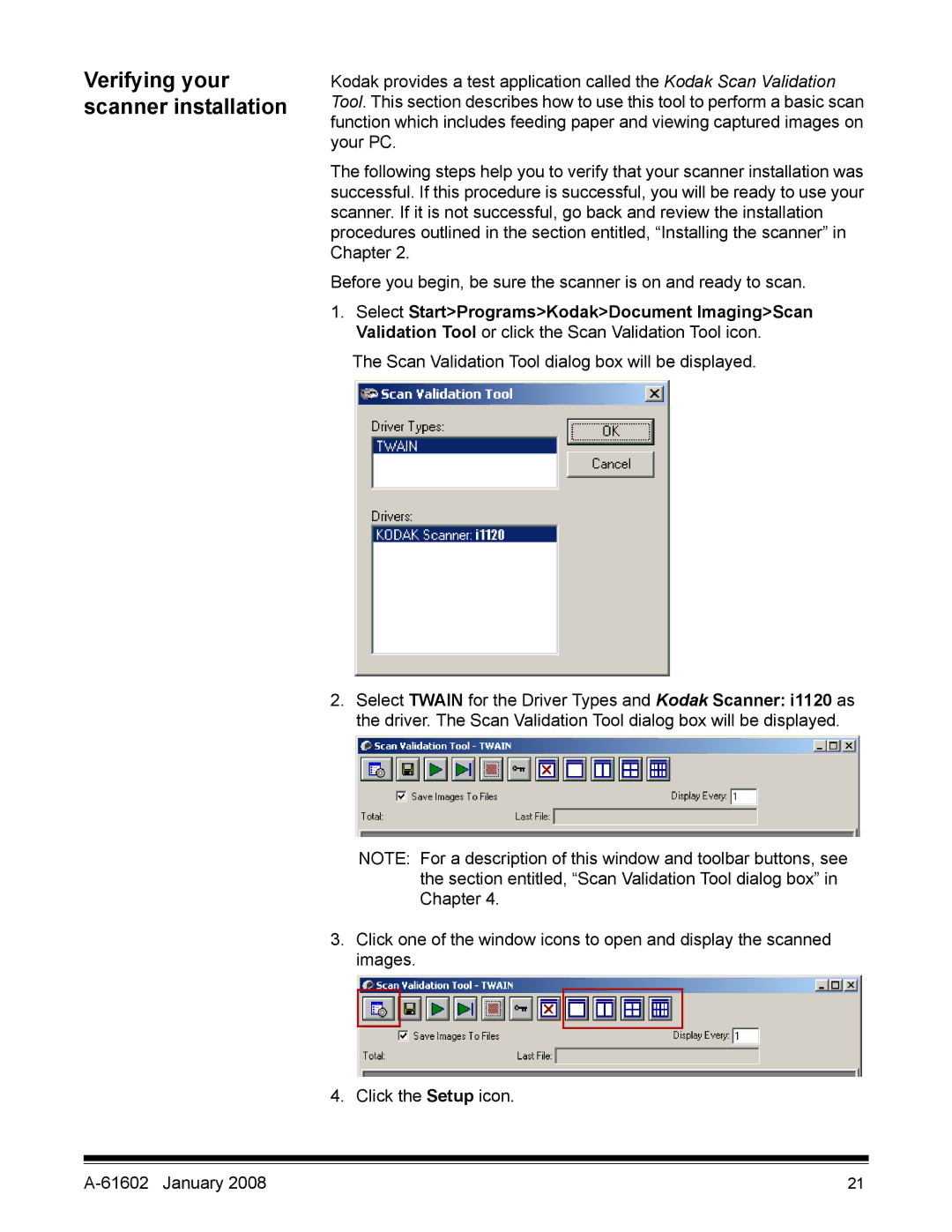 Kodak A-61602 manual Verifying your scanner installation 