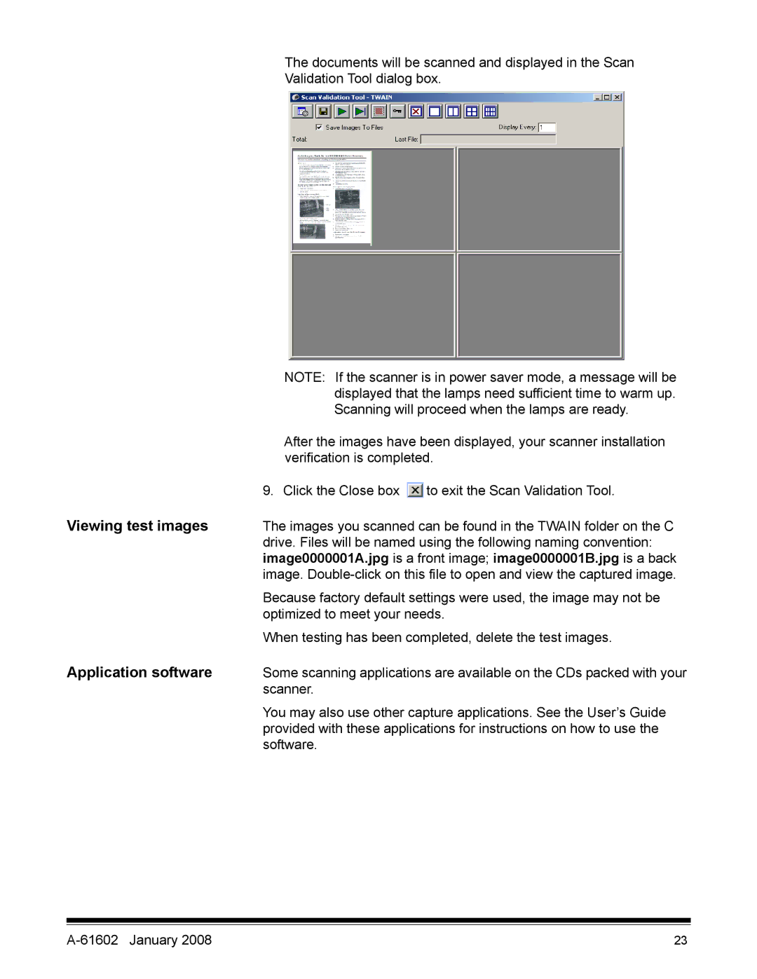 Kodak A-61602 manual Viewing test images, Application software 