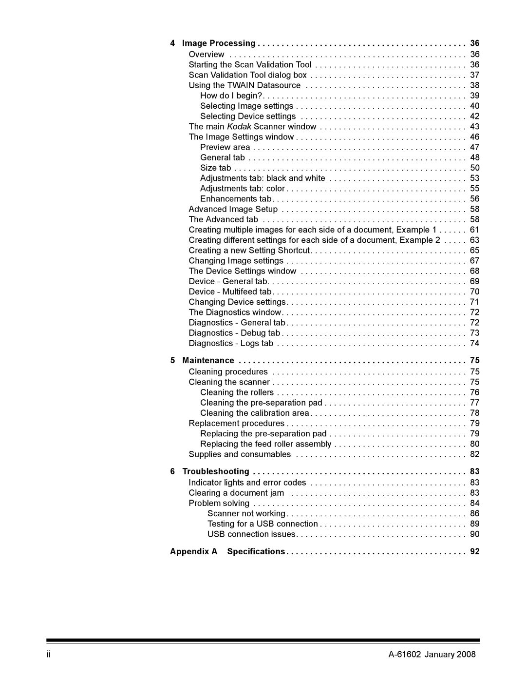 Kodak A-61602 manual Appendix a Specifications 