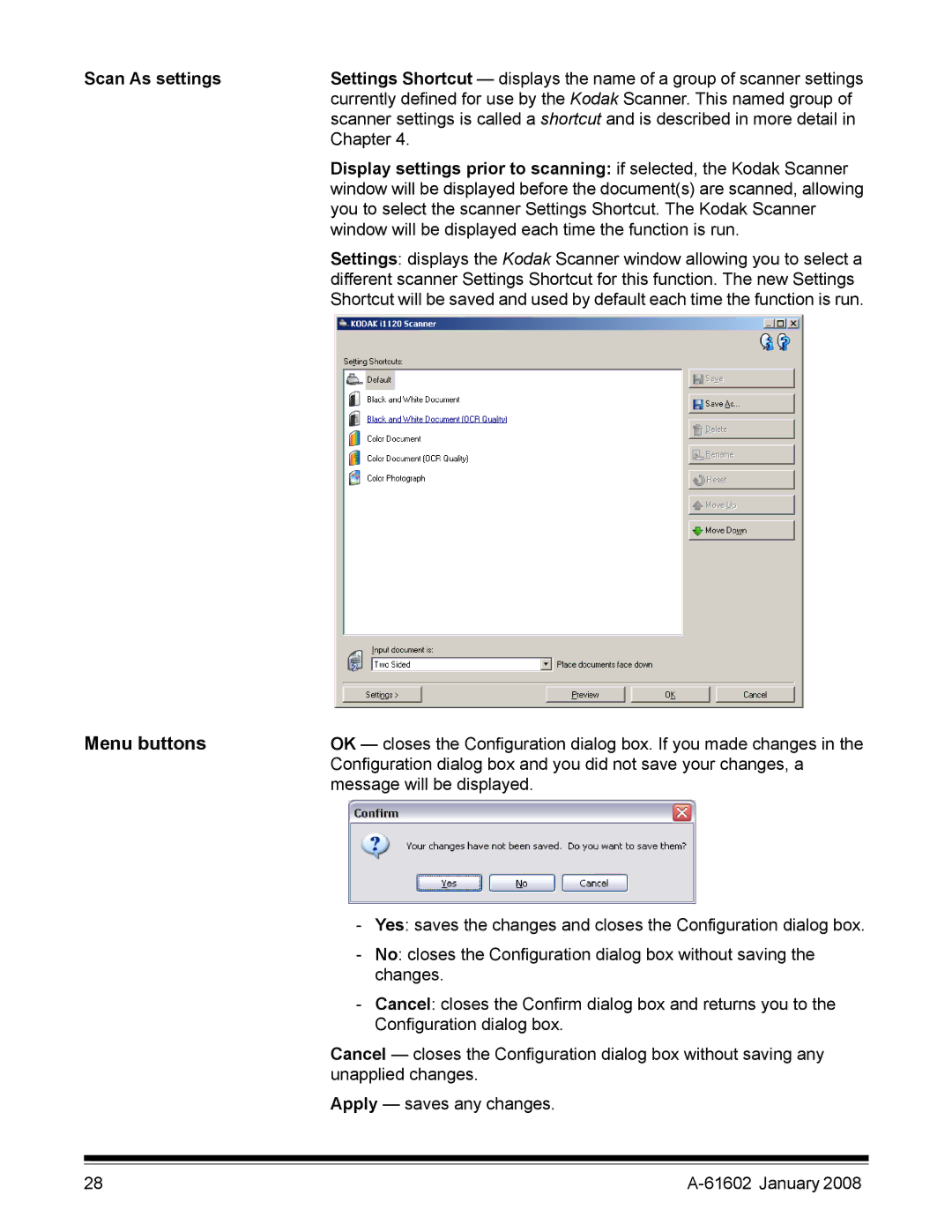 Kodak A-61602 manual Menu buttons, Scan As settings 