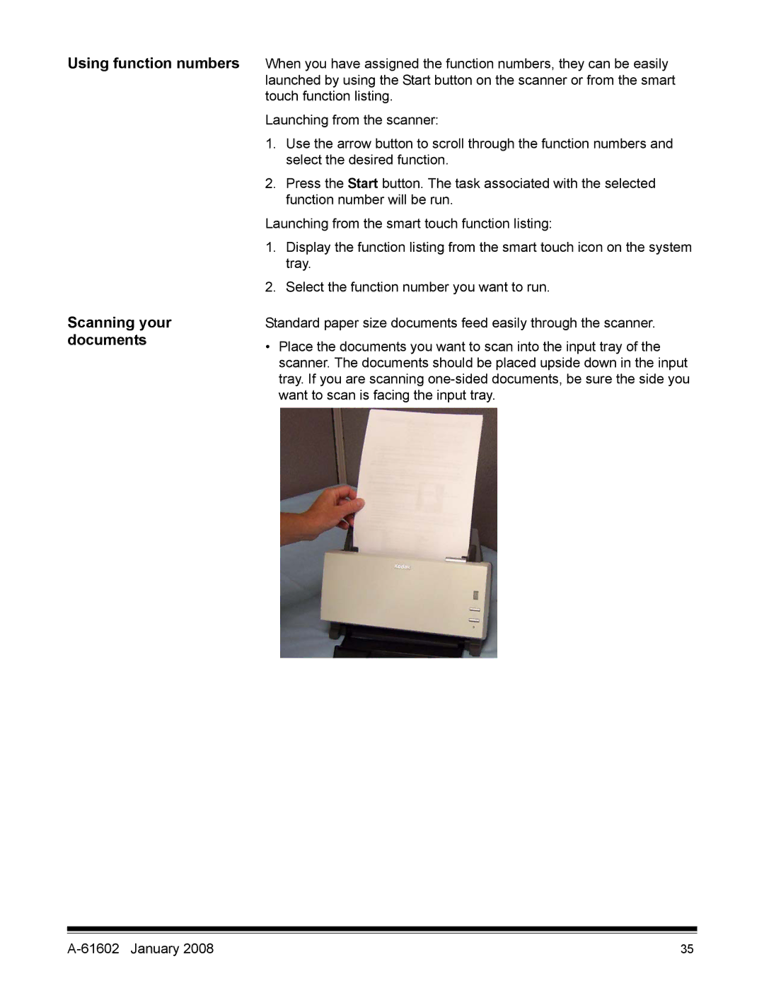 Kodak A-61602 manual Using function numbers Scanning your documents 