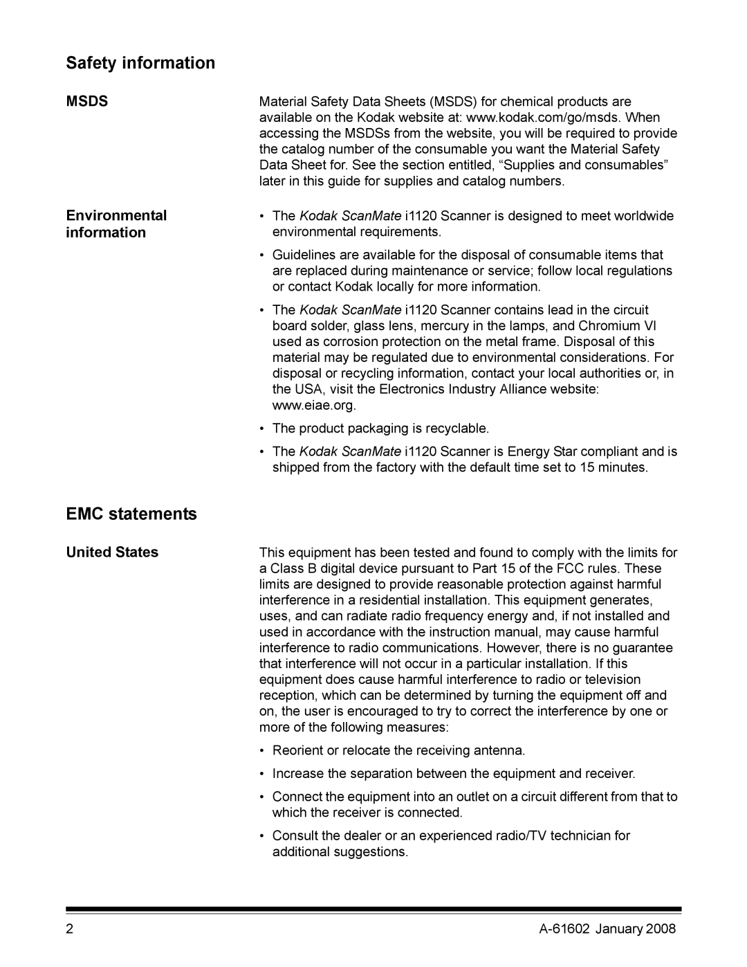 Kodak A-61602 manual Safety information, EMC statements, Environmental information, United States 