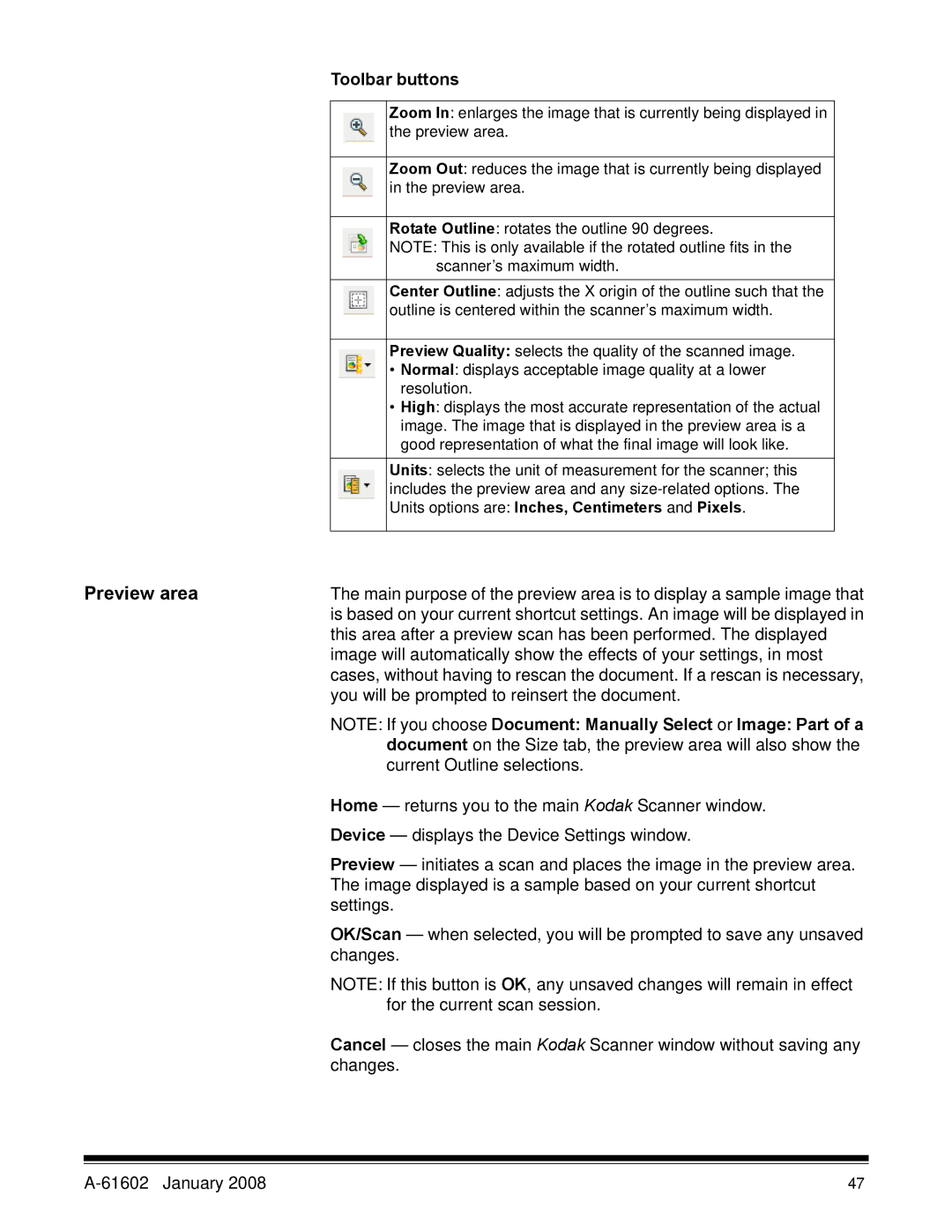 Kodak A-61602 manual Preview area, Toolbar buttons 