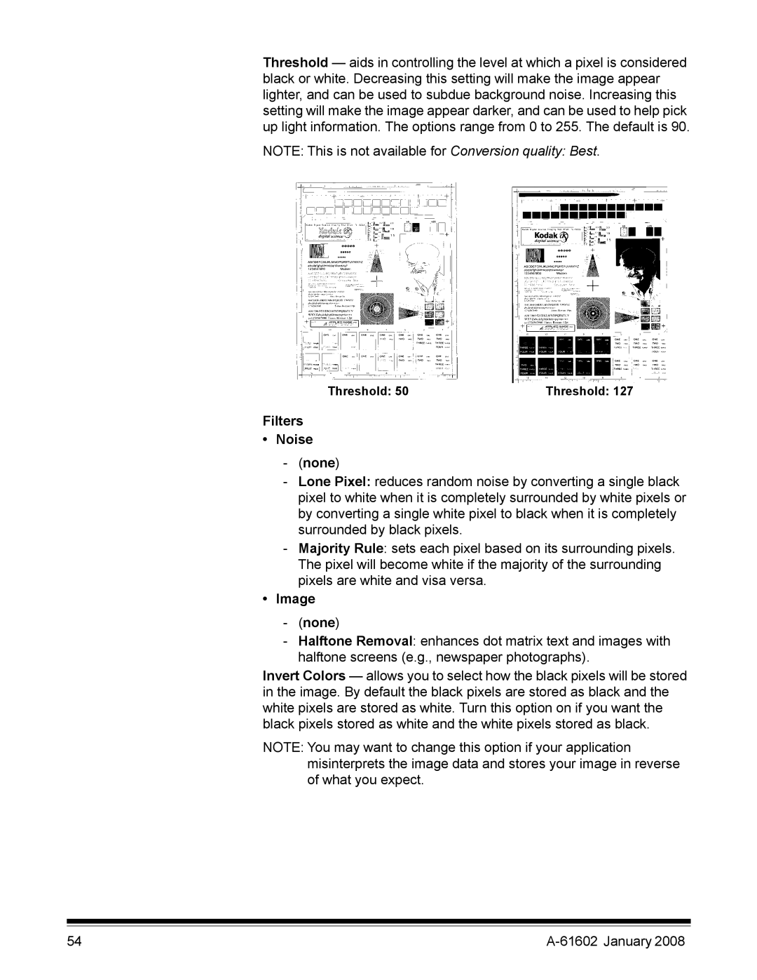 Kodak A-61602 manual Filters Noise None, Image None 