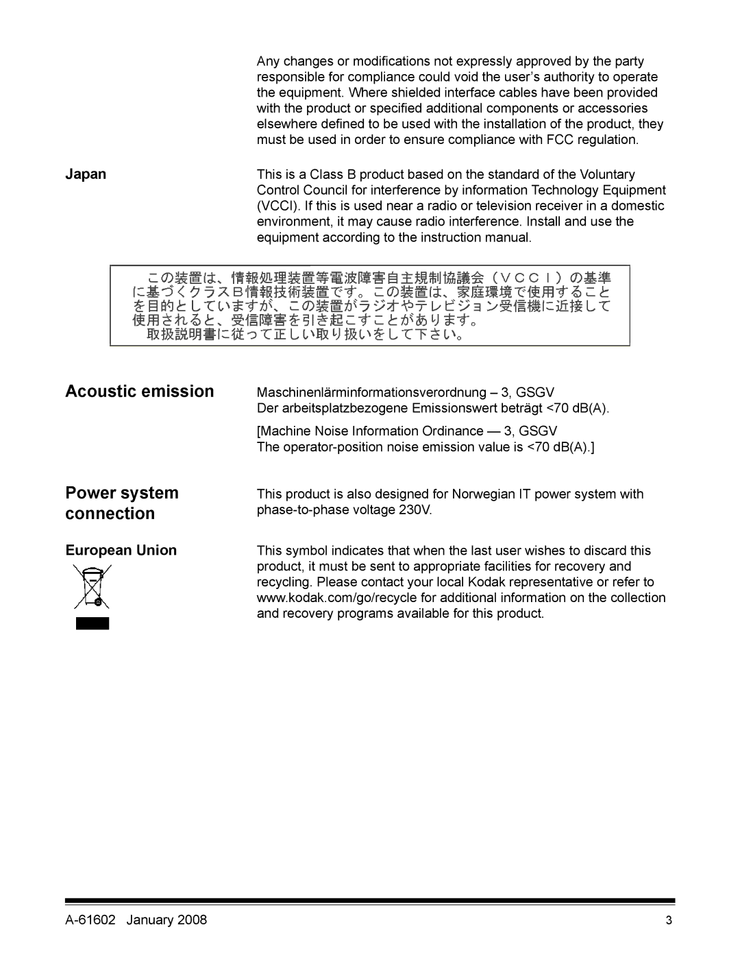 Kodak A-61602 manual Acoustic emission, Power system, Connection, Japan, European Union 