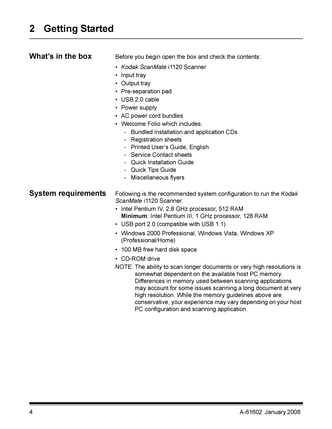 Kodak A-61602 manual Getting Started, What’s in the box System requirements 