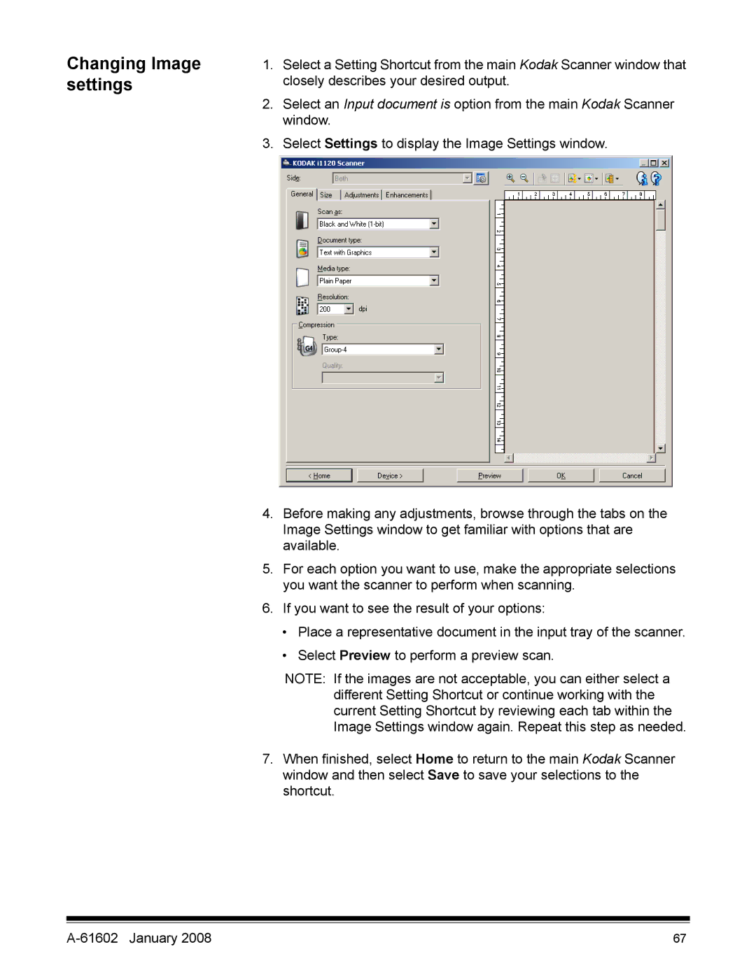 Kodak A-61602 manual Changing Image settings 