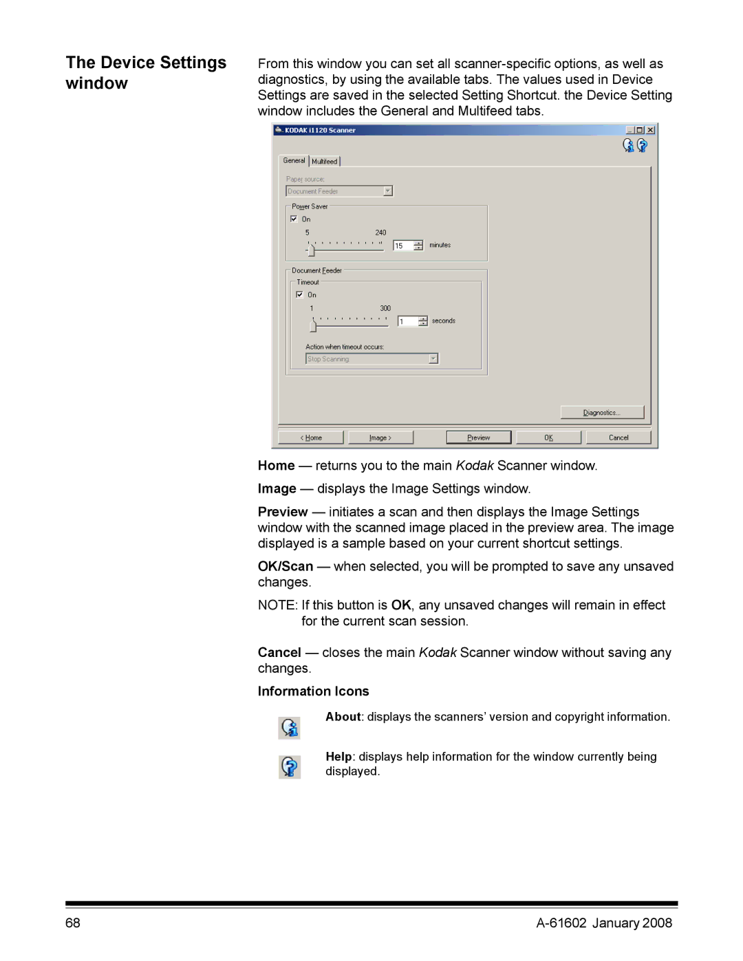 Kodak A-61602 manual Device Settings window, Information Icons 