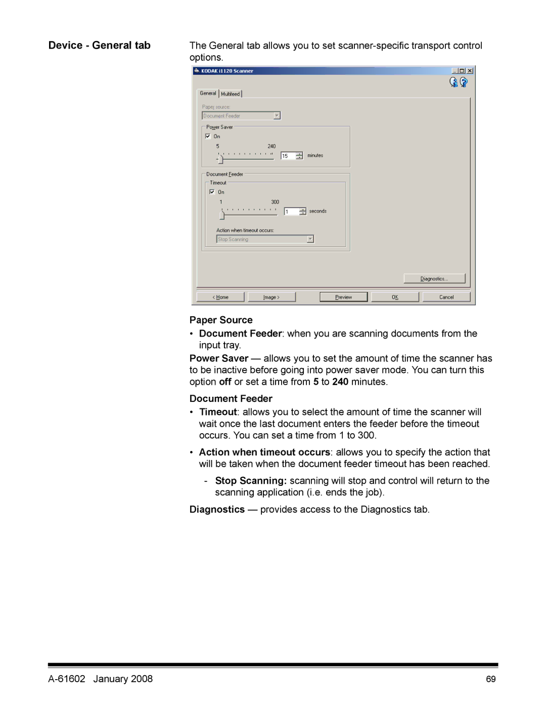 Kodak A-61602 manual Device General tab, Paper Source, Document Feeder 