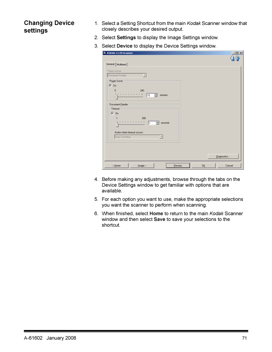 Kodak A-61602 manual Changing Device settings 