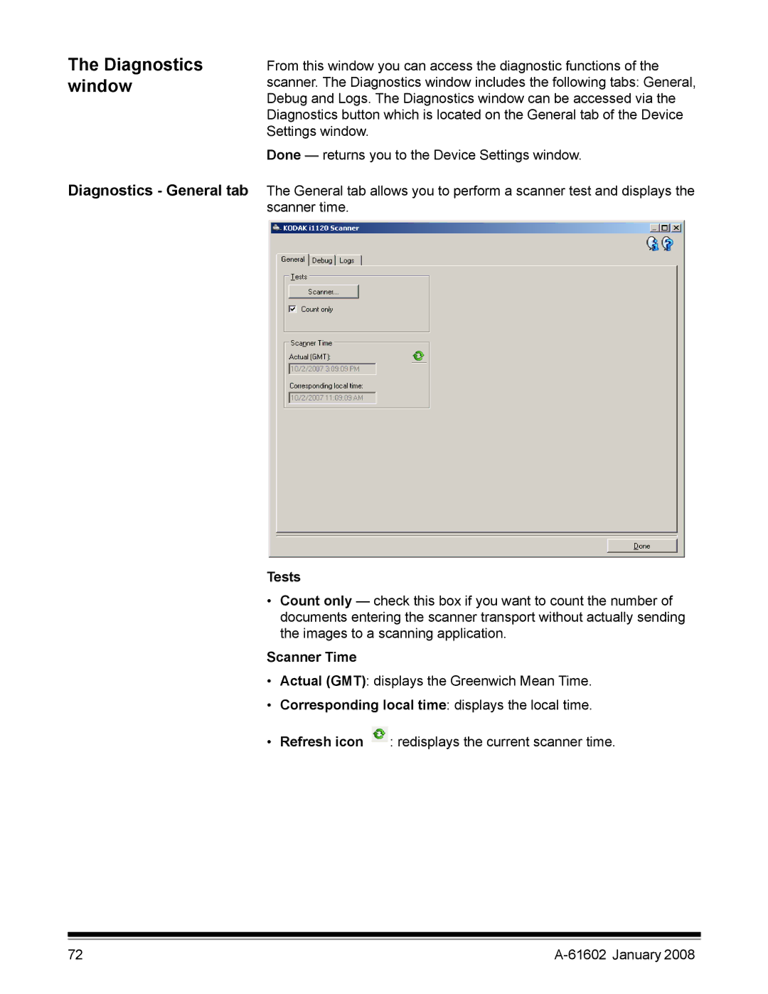 Kodak A-61602 manual Diagnostics General tab, Tests, Scanner Time 