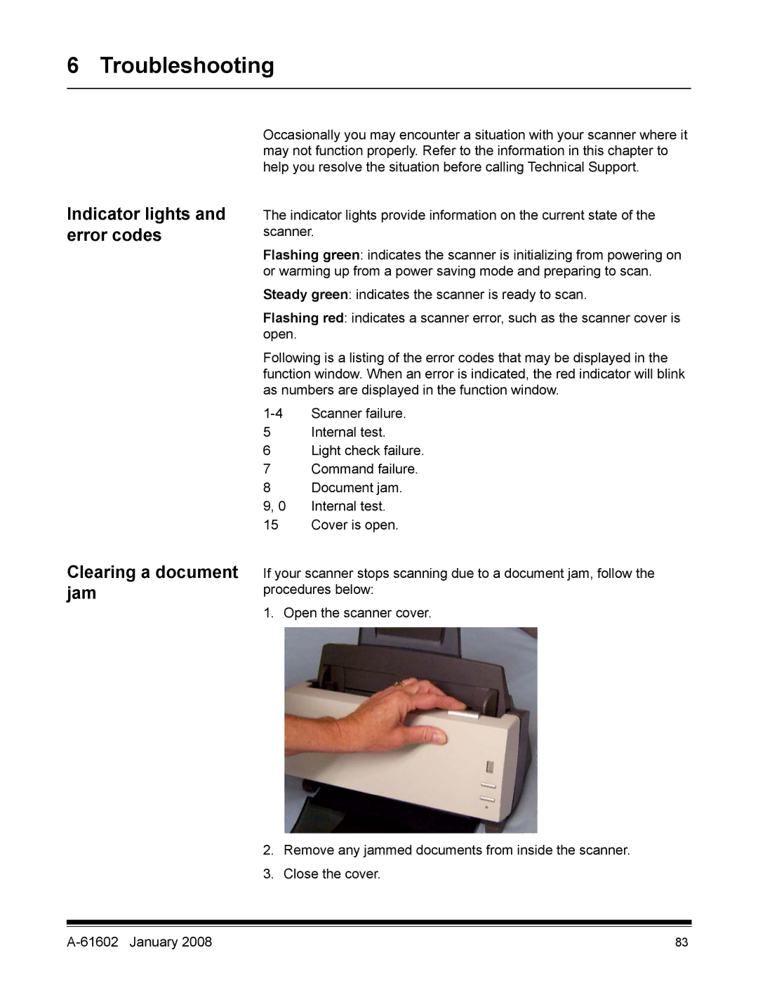 Kodak A-61602 manual Troubleshooting, Indicator lights and error codes Clearing a document jam 