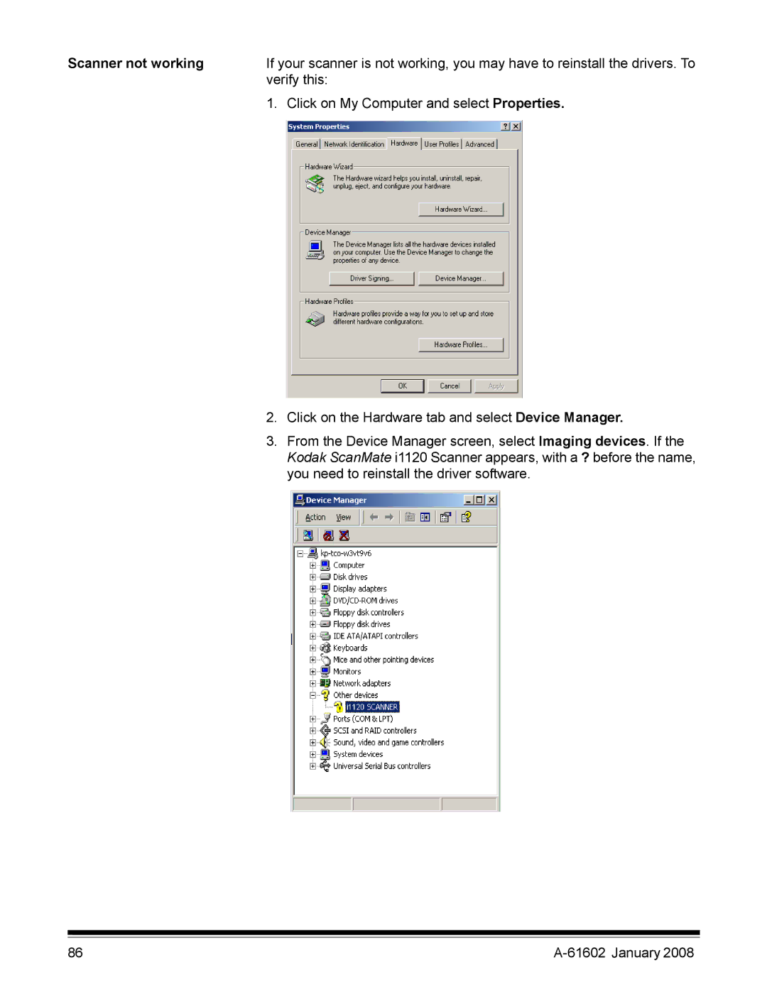 Kodak A-61602 manual Scanner not working 