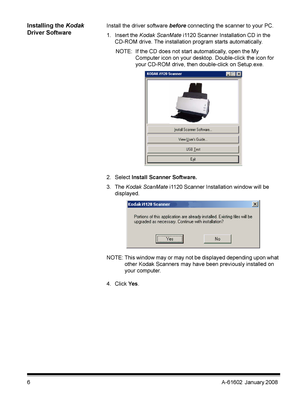 Kodak A-61602 manual Installing the Kodak Driver Software, Select Install Scanner Software 