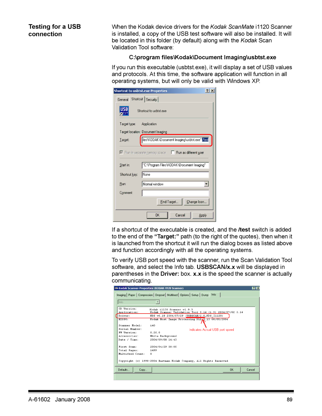 Kodak A-61602 manual Testing for a USB, Connection, program files\Kodak\Document Imaging\usbtst.exe 