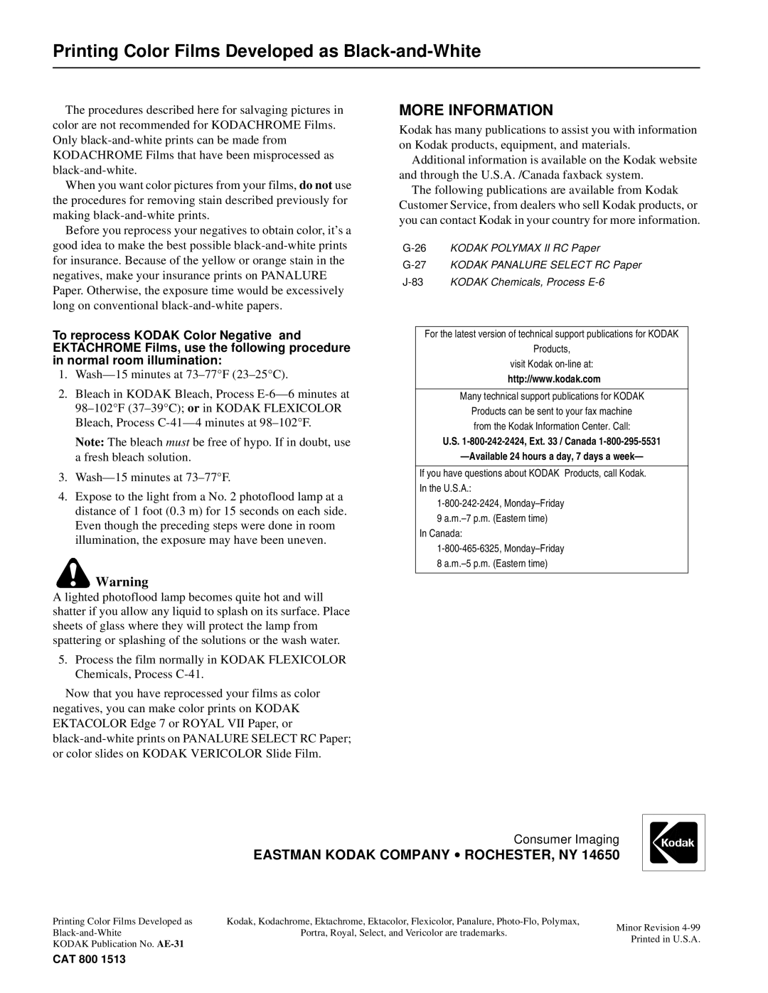 Kodak AE-31 Printing Color Films Developed as Black-and-White, More Information, Eastman Kodak Company ∙ ROCHESTER, NY 