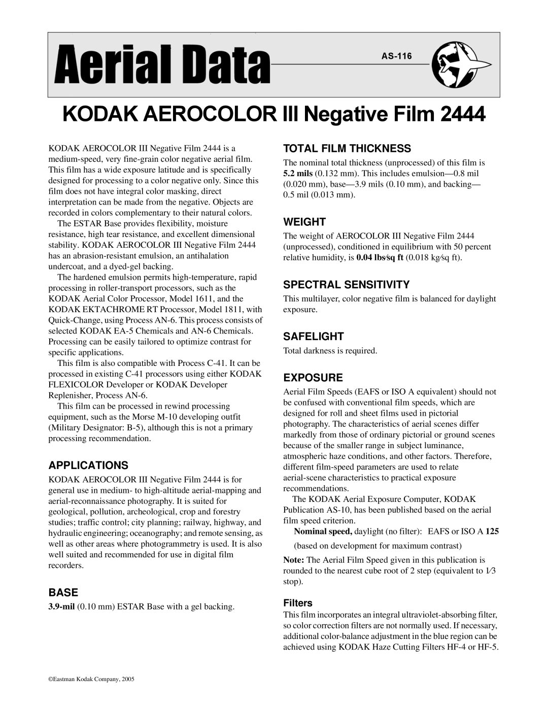 Kodak AS-116 manual Applications, Total Film Thickness, Weight, Spectral Sensitivity, Safelight, Exposure, Base 