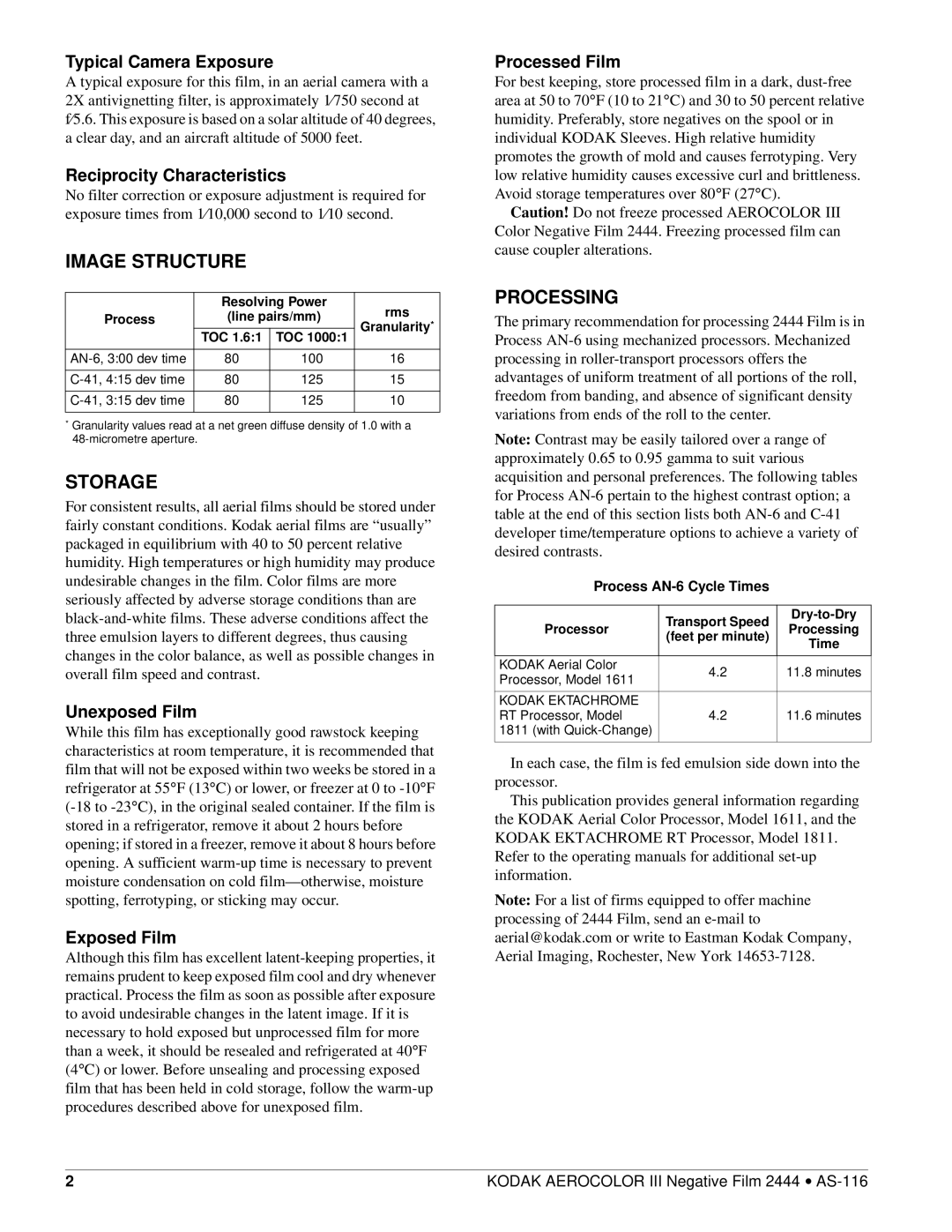 Kodak AS-116 manual Image Structure, Storage, Processing 