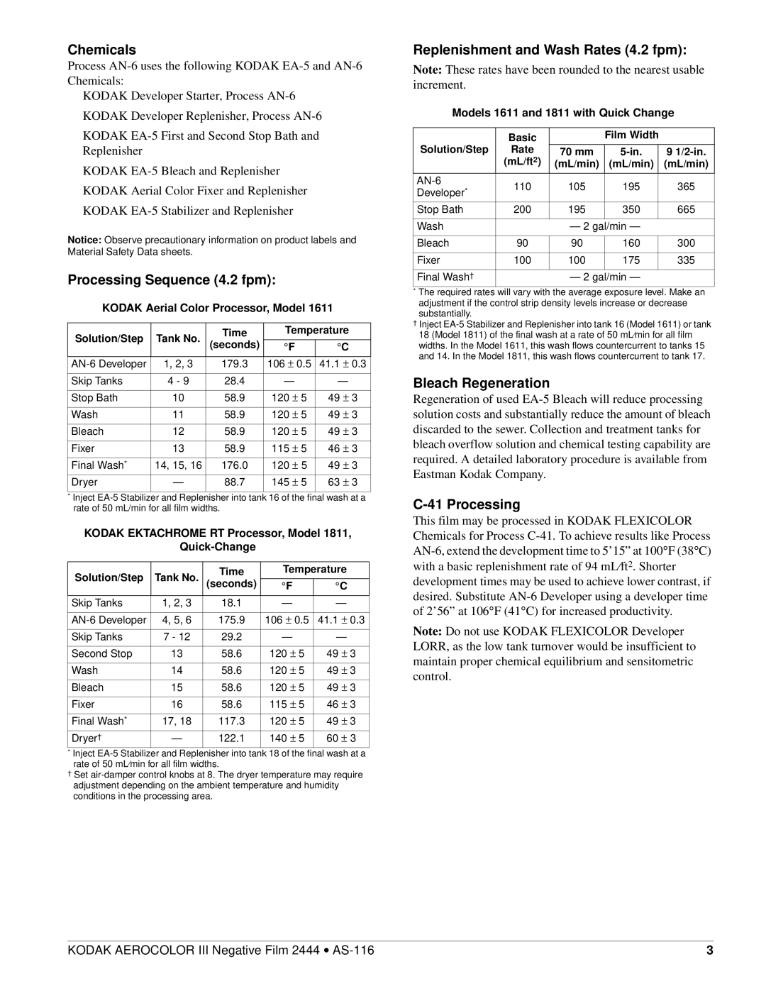 Kodak AS-116 manual Chemicals, Processing Sequence 4.2 fpm, Replenishment and Wash Rates 4.2 fpm, Bleach Regeneration 