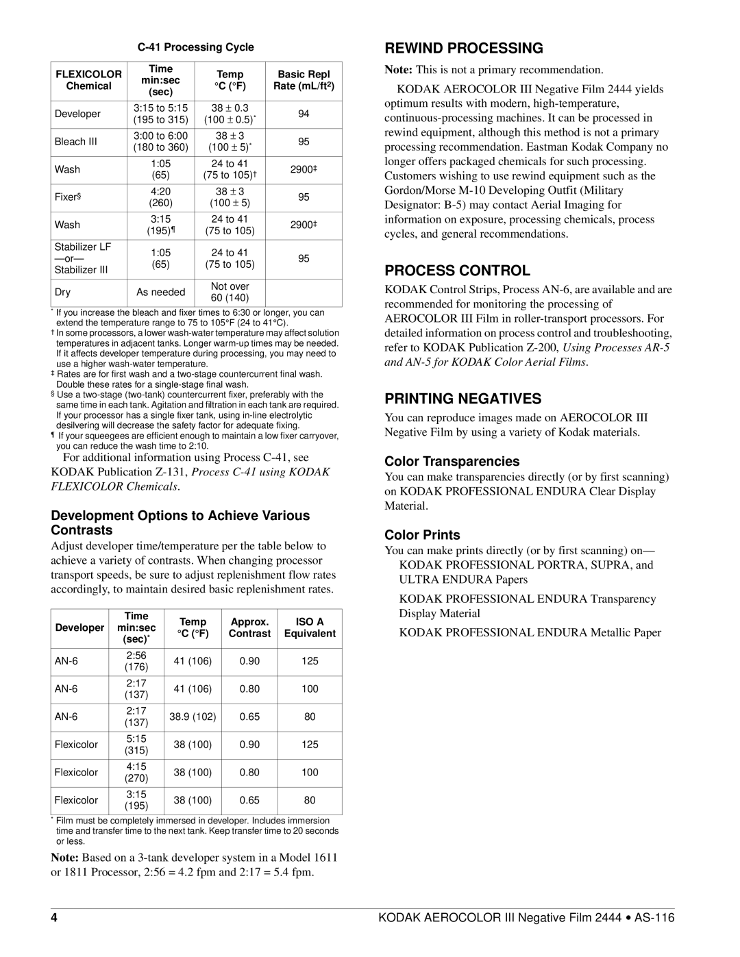 Kodak AS-116 manual Rewind Processing, Process Control, Printing Negatives 