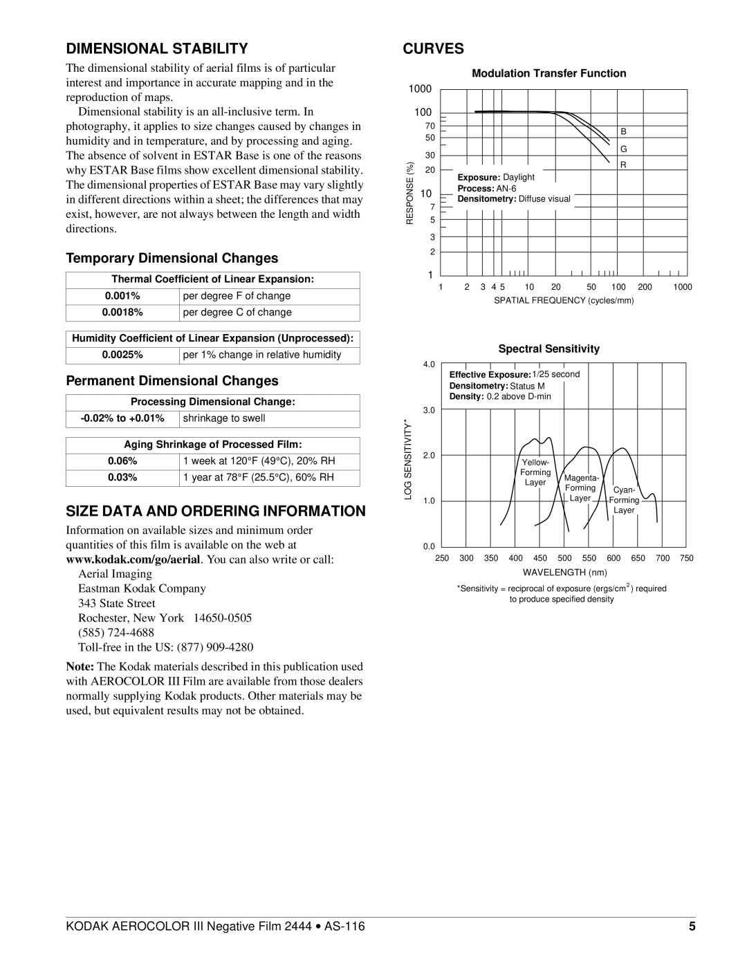 Kodak AS-116 manual Dimensional Stability, Size Data and Ordering Information, Temporary Dimensional Changes, Curves 