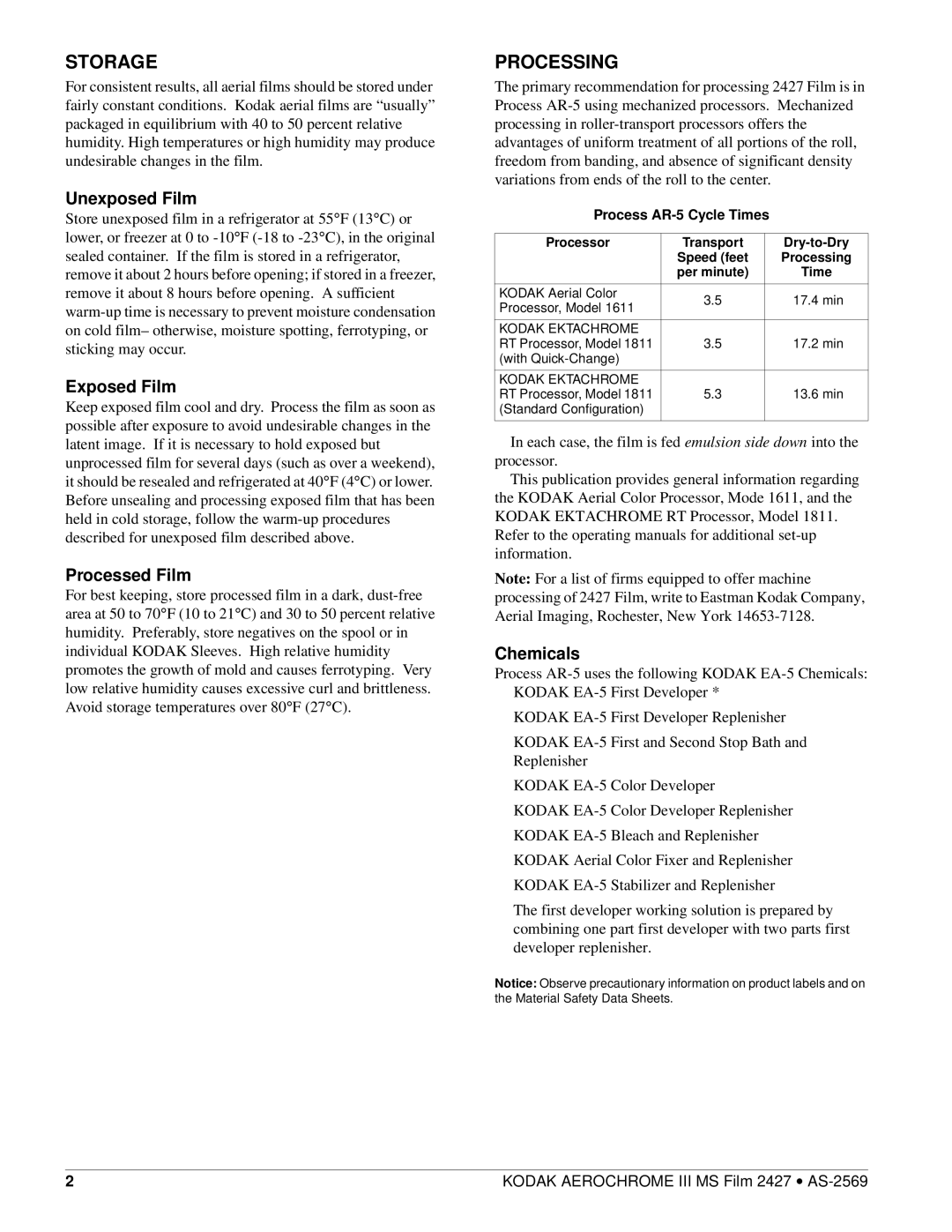 Kodak AS-2569 manual Storage, Processing 