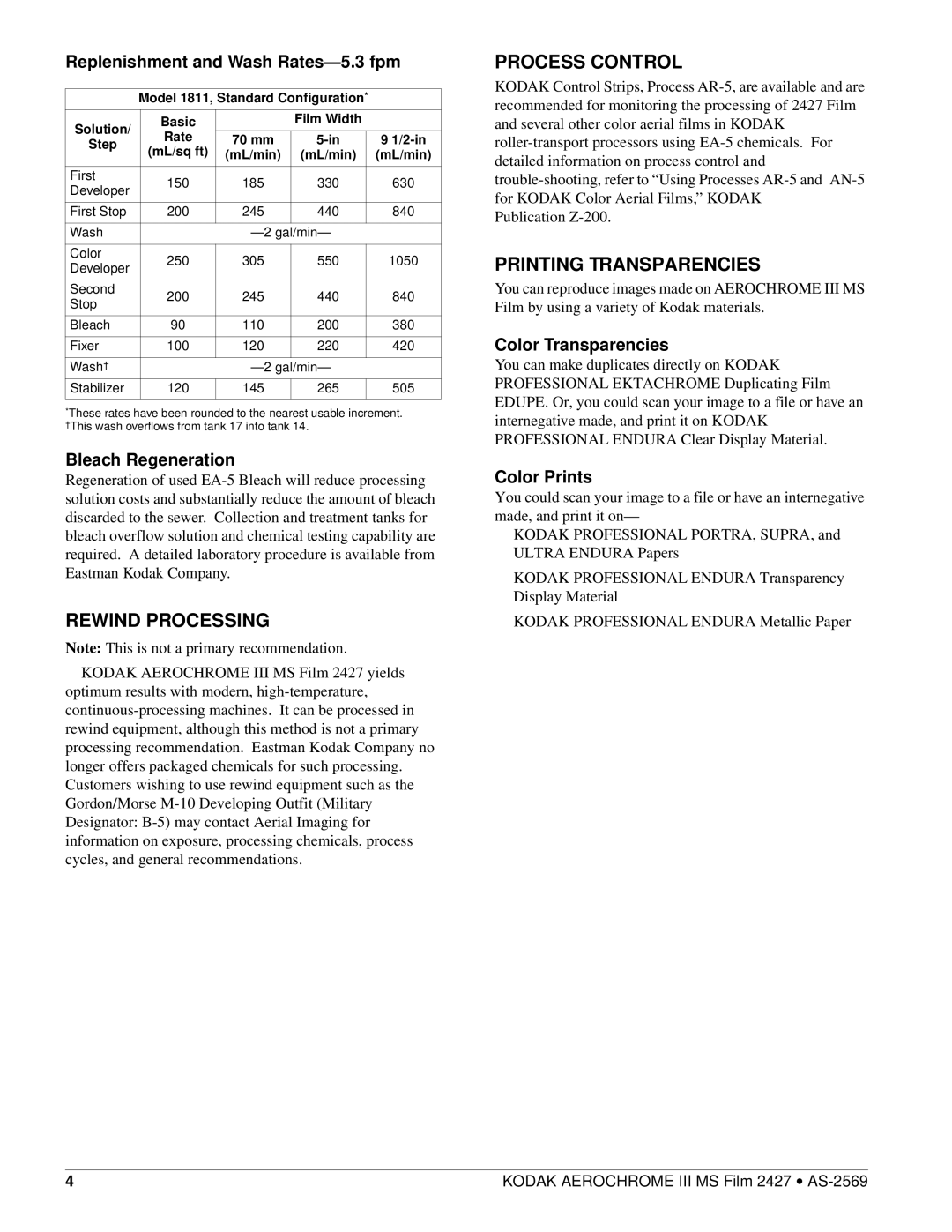 Kodak AS-2569 manual Rewind Processing, Process Control, Printing Transparencies 