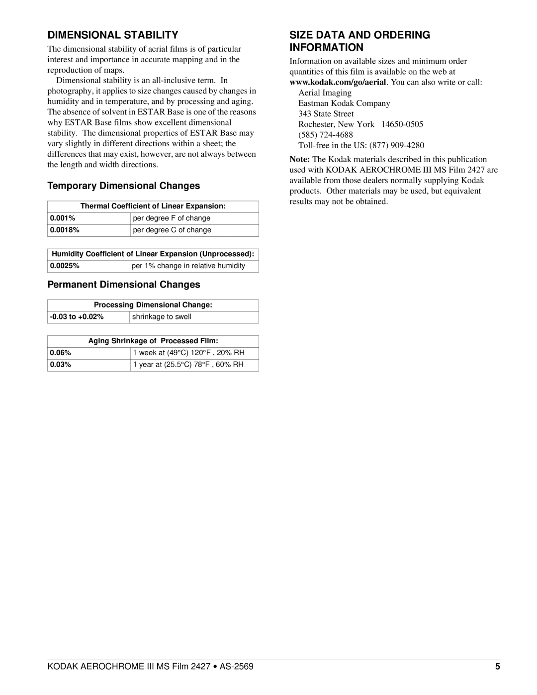 Kodak AS-2569 manual Dimensional Stability, Size Data and Ordering Information, Temporary Dimensional Changes 