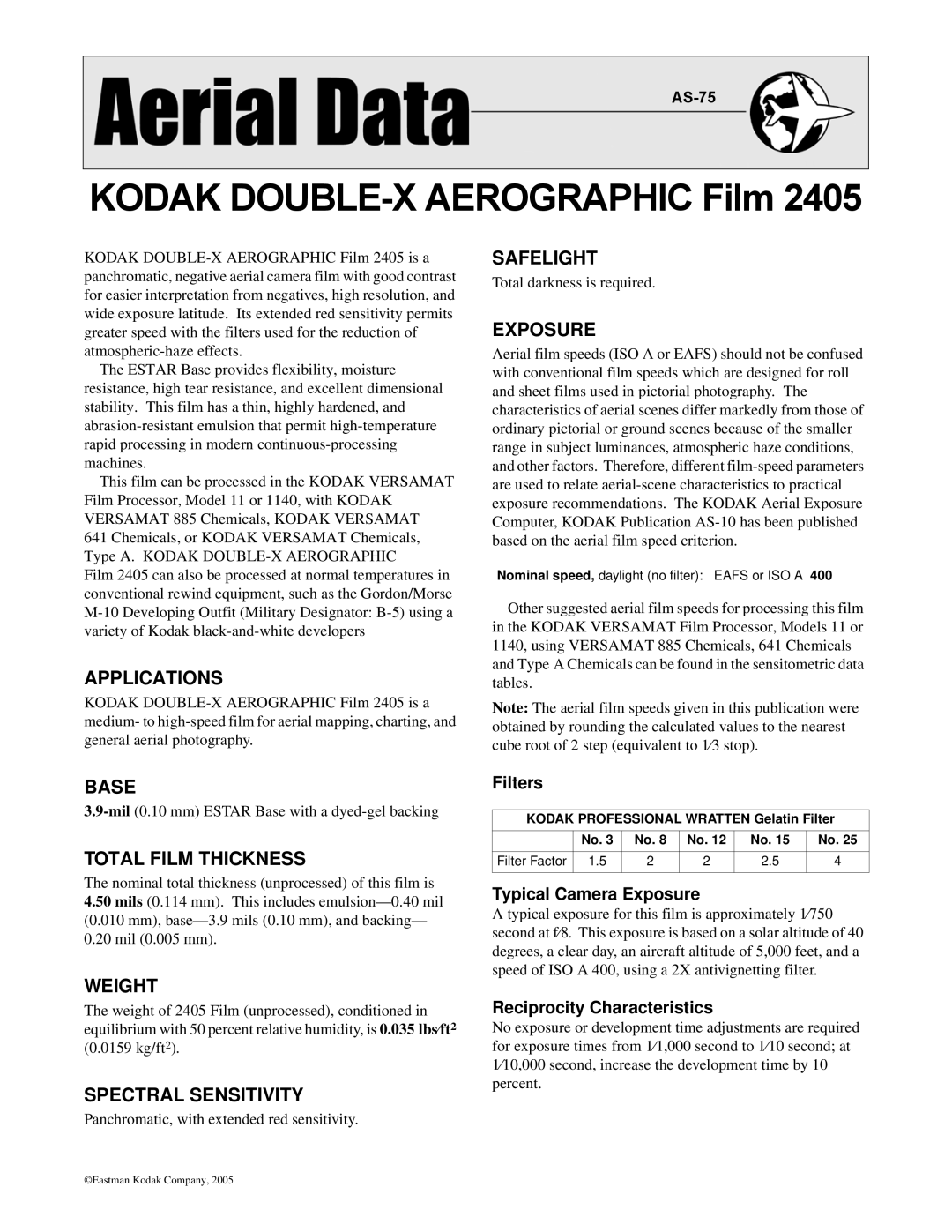 Kodak AS-75 manual Applications, Safelight, Exposure, Base, Total Film Thickness, Weight, Spectral Sensitivity 