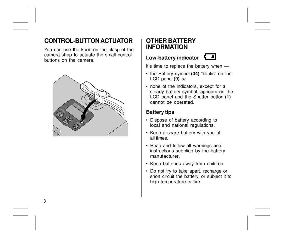 Kodak Auto-Focus Camera manual CONTROL-BUTTON Actuator, Other Battery Information, Low-battery indicator, Battery tips 