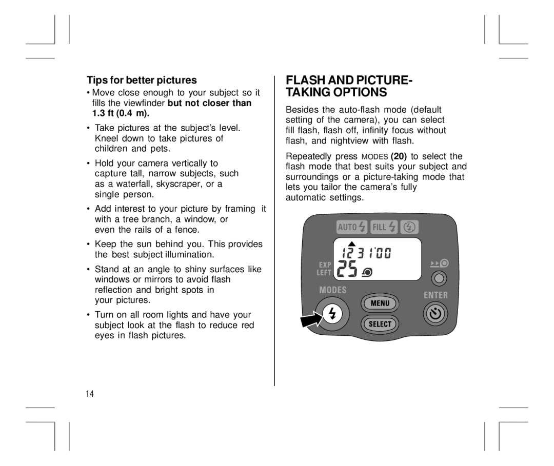 Kodak Auto-Focus Camera manual Flash and Picture Taking Options, Tips for better pictures, Ft 0.4 m 