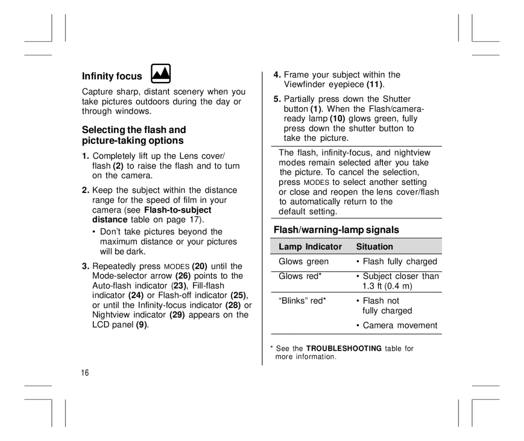 Kodak Auto-Focus Camera manual Infinity focus, Flash/warning-lamp signals, Selecting the flash and picture-taking options 