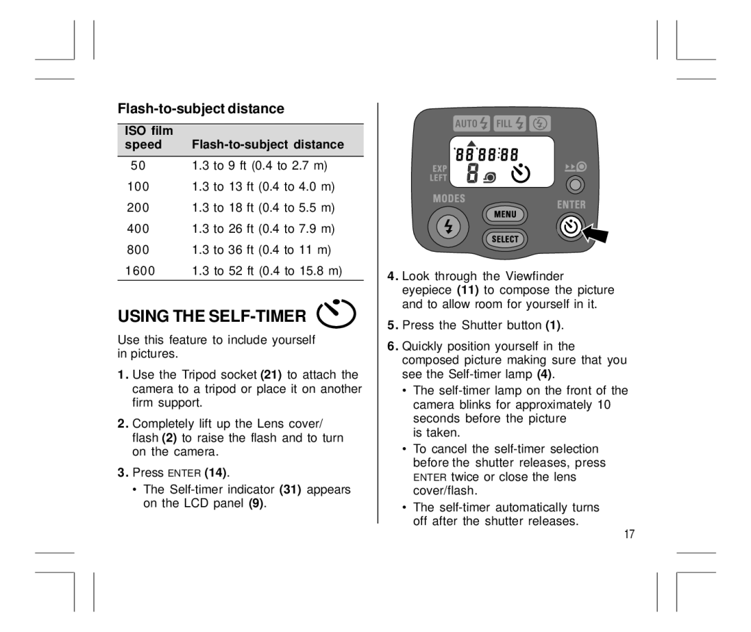 Kodak Auto-Focus Camera manual Using the SELF-TIMER, Flash-to-subject distance, ISO film Speed 