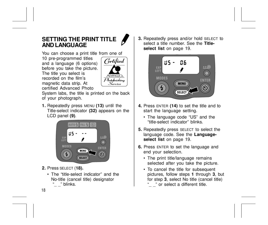 Kodak Auto-Focus Camera manual Setting the Print Title and Language 