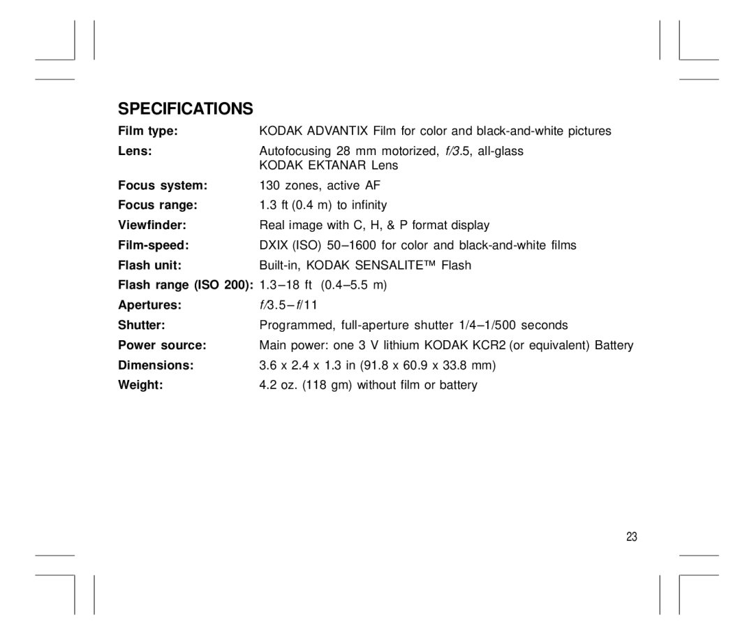 Kodak Auto-Focus Camera manual Specifications 