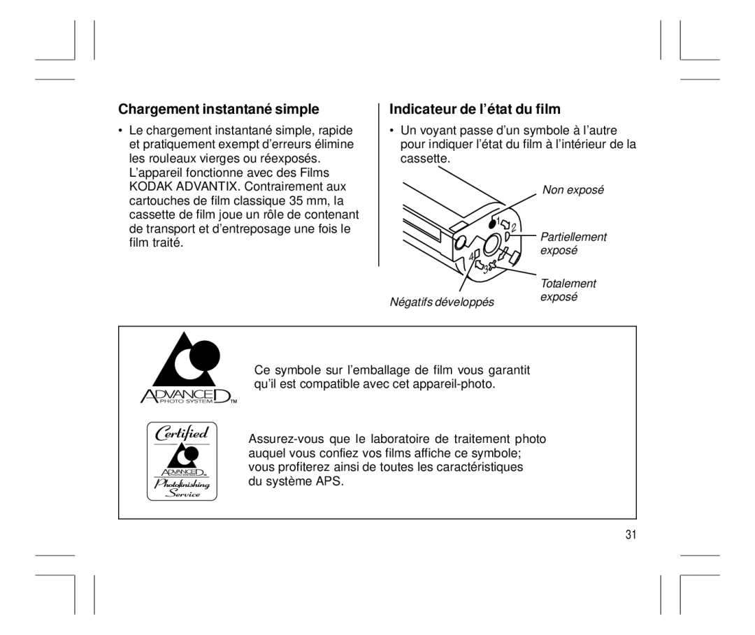 Kodak Auto-Focus Camera manual Chargement instantané simple, Indicateur de l’é tat du film 