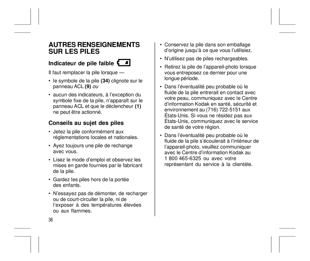 Kodak Auto-Focus Camera manual Indicateur de pile faible, Conseils au sujet des piles 