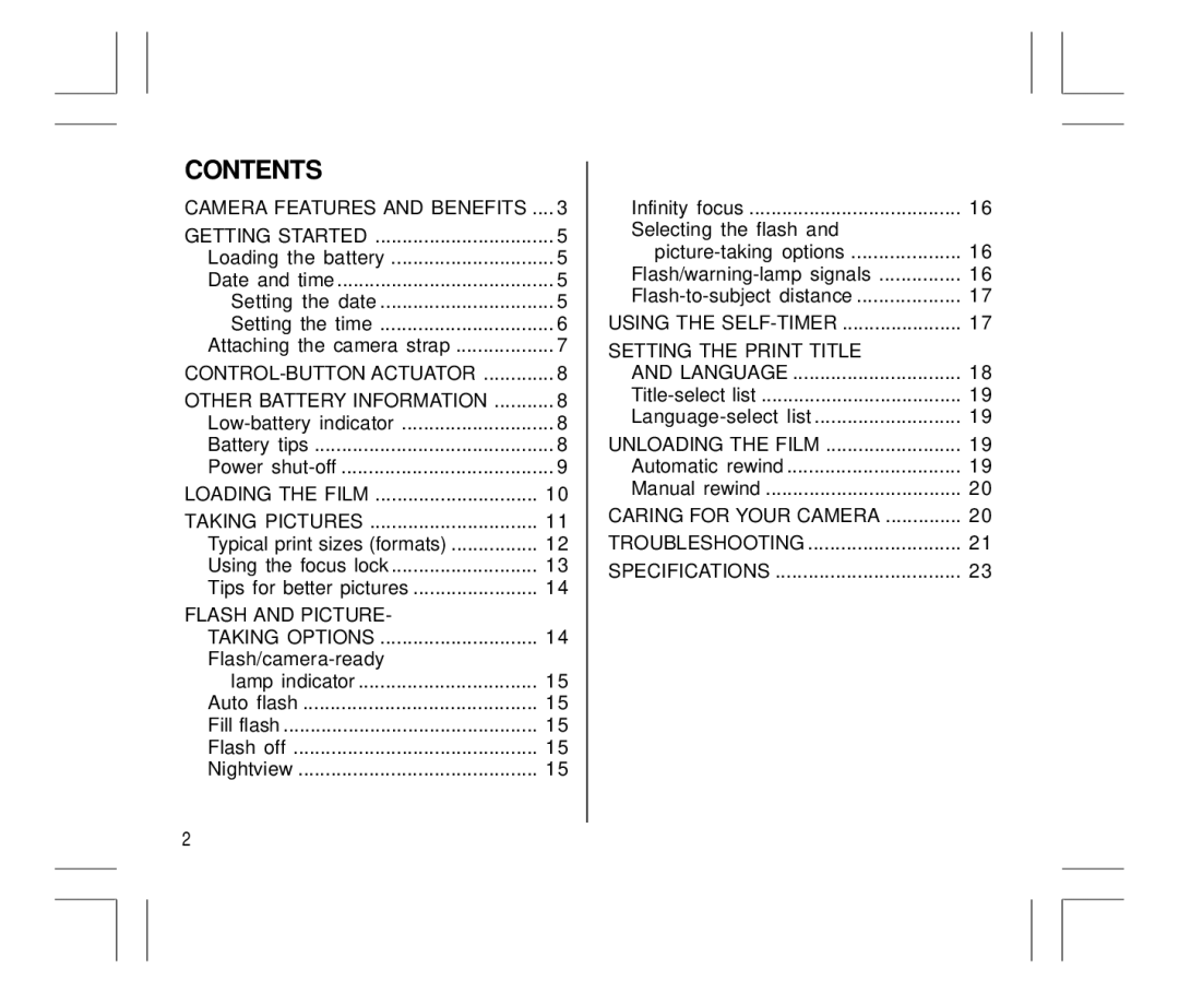 Kodak Auto-Focus Camera manual Contents 