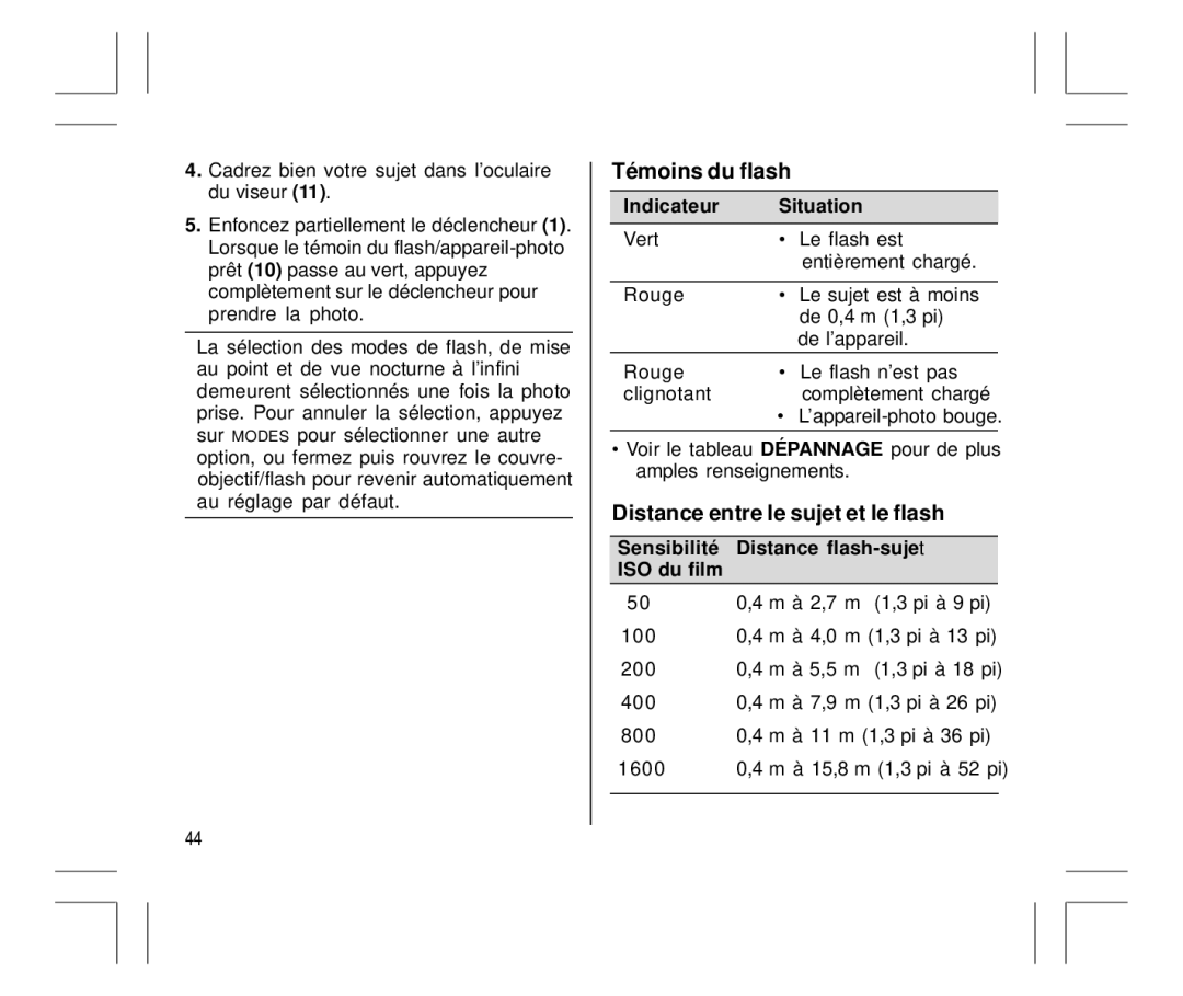 Kodak Auto-Focus Camera manual Té moins du flash, Distance entre le sujet et le flash, Indicateur Situation 