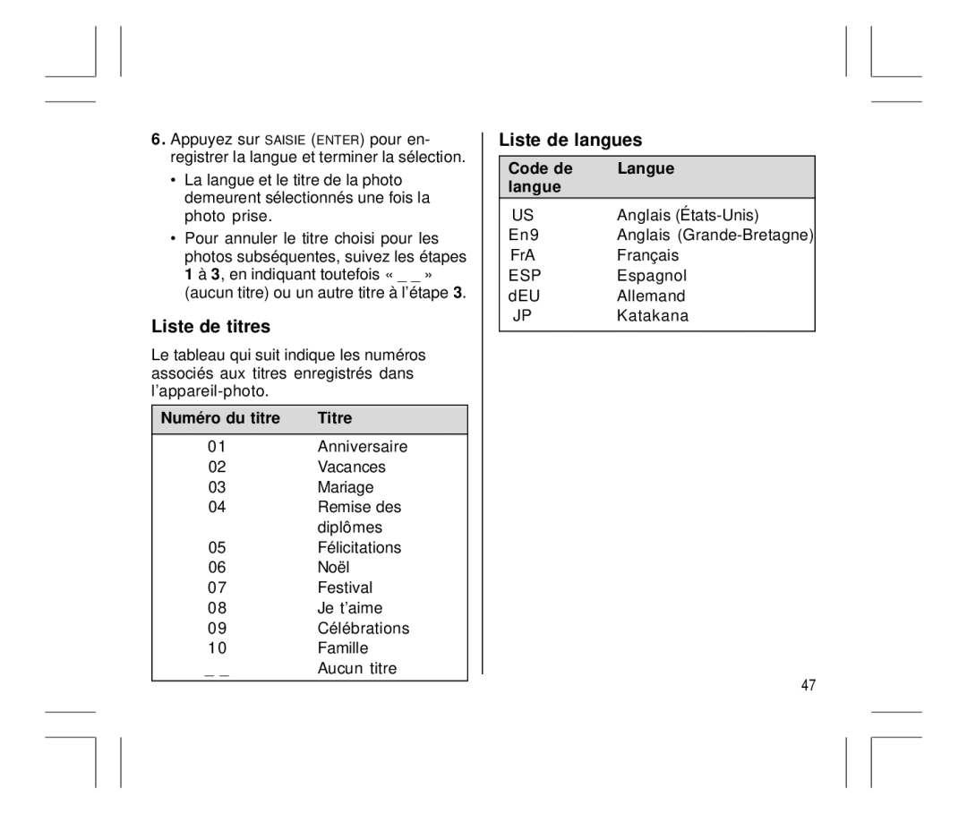 Kodak Auto-Focus Camera manual Liste de titres, Liste de langues, Numé ro du titre Titre, Code de Langue 