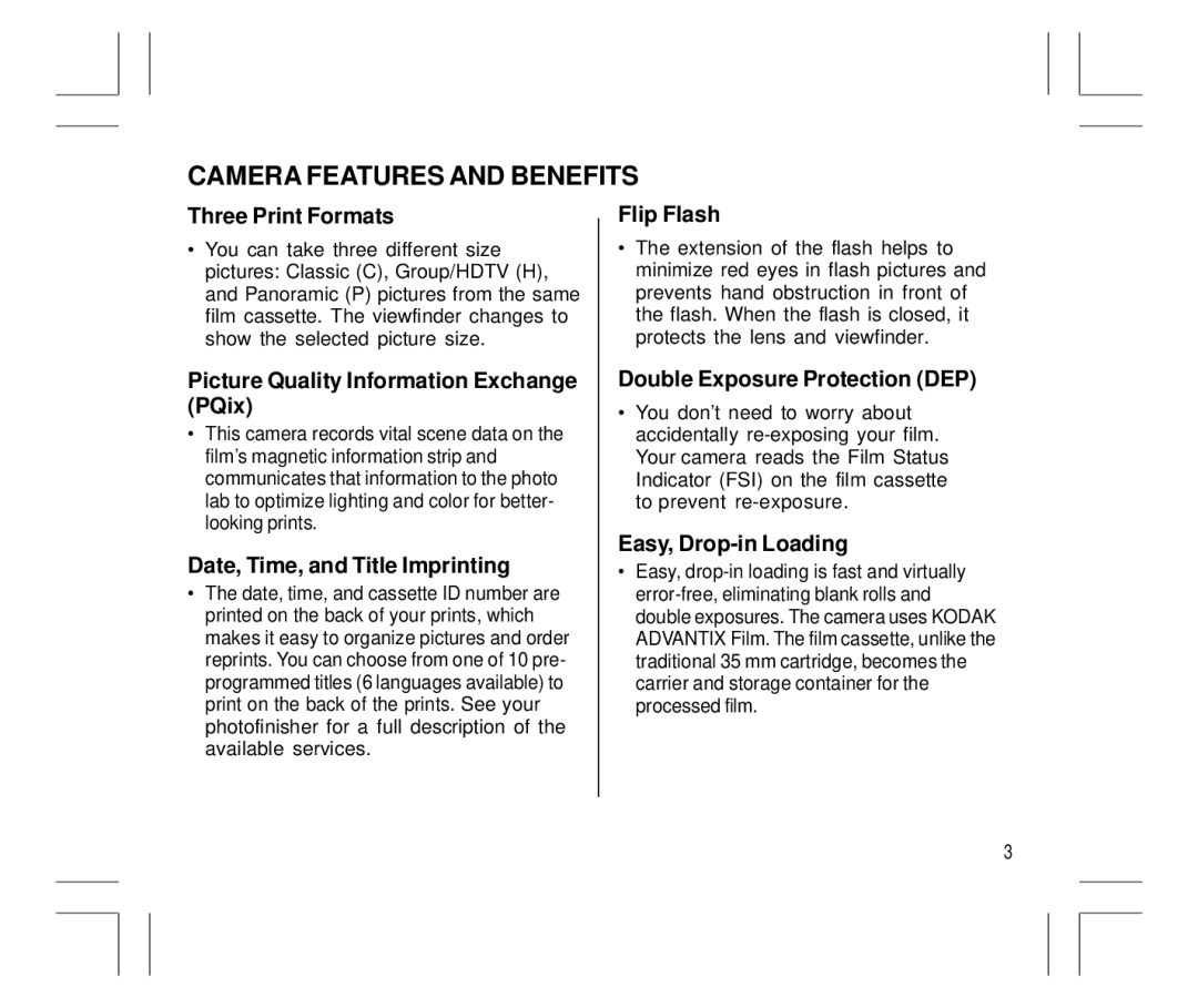 Kodak Auto-Focus Camera manual Camera Features and Benefits 